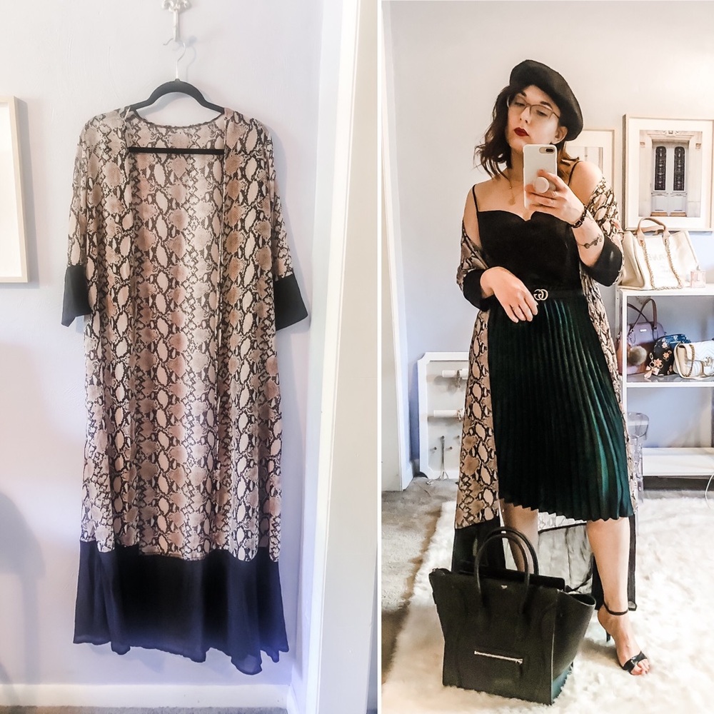 Snake-print 3/4 sleeve color block shawl kimono